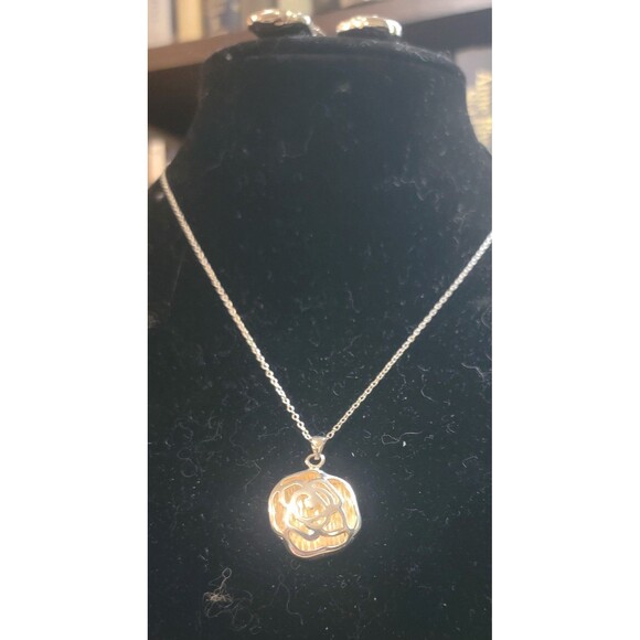 Sterling Silver Open Frame Rose Pendant Necklace & Earrings Two Tone NEW - Picture 12 of 14